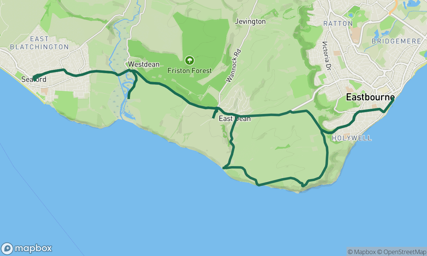Map of the Beachy Head & Seven Sisters loop route showing the full 24-mile drive route