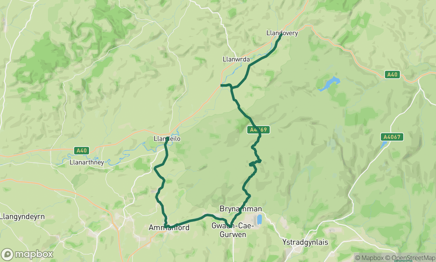 Map of the Black Mountain Pass (A4069) route showing the full 35-mile drive route