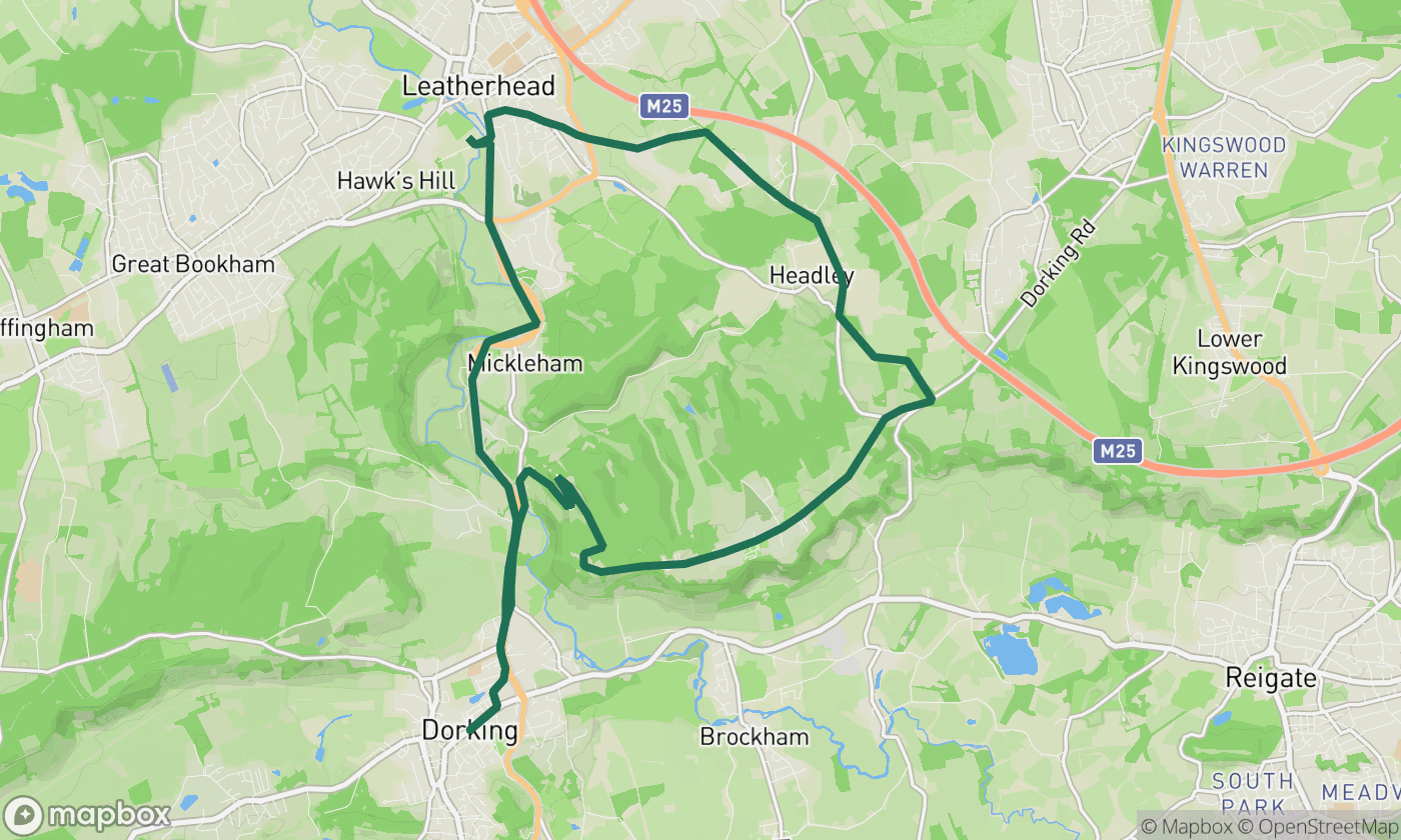 Map of the Box Hill Olympic loop route showing the full 16-mile ride route
