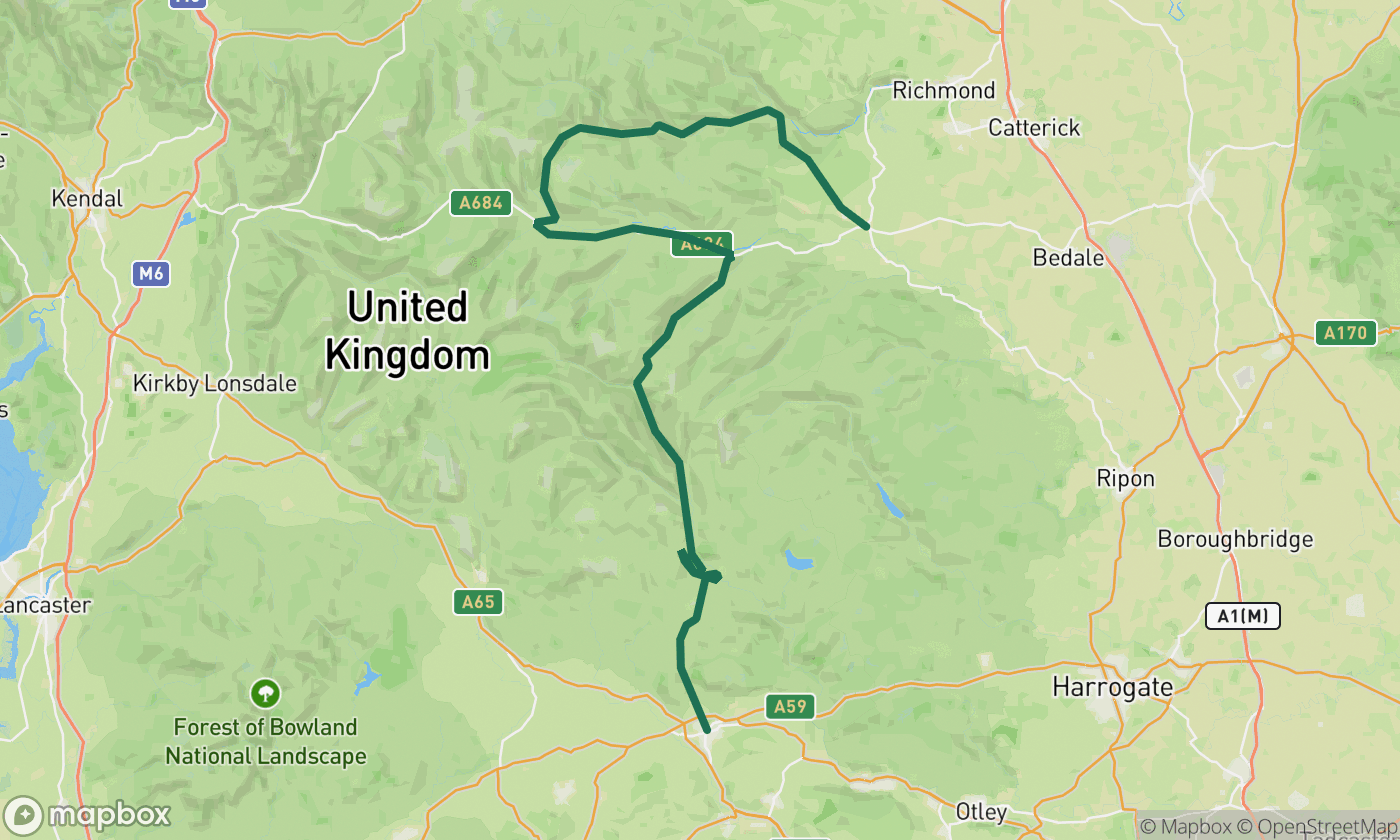 Map of the Yorkshire Dales: Buttertubs Pass route showing the full 69-mile drive route