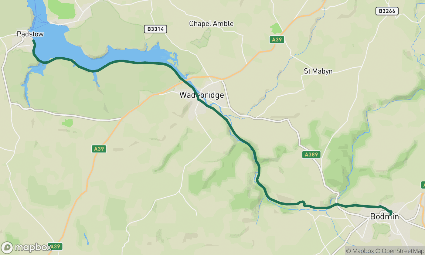 Map of the Camel Trail: Padstow to Bodmin route showing the full 13-mile ride route