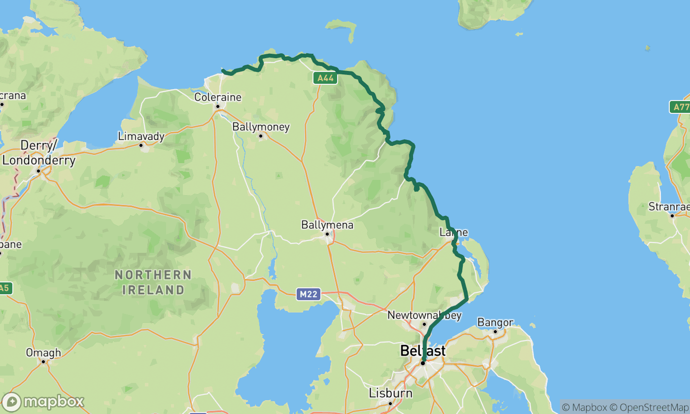 Map of the Causeway Coastal Route route showing the full 87-mile drive route