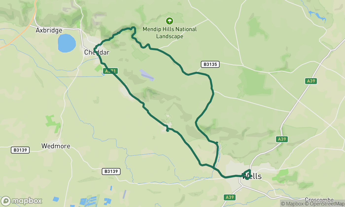 Map of the Cheddar Gorge & Mendips loop route showing the full 21-mile drive route