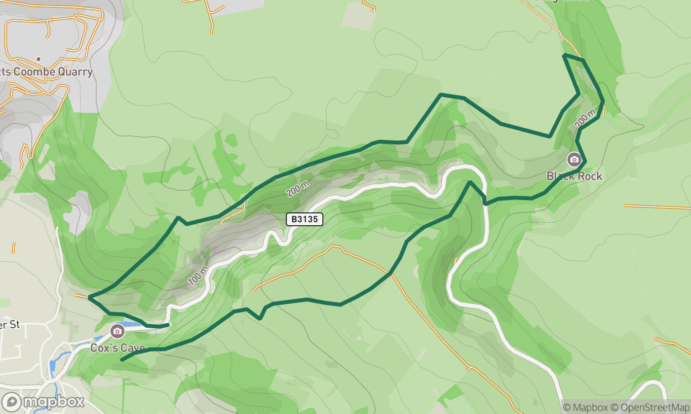 Map of the Cheddar Gorge clifftop loop route showing the full 5-mile walk route