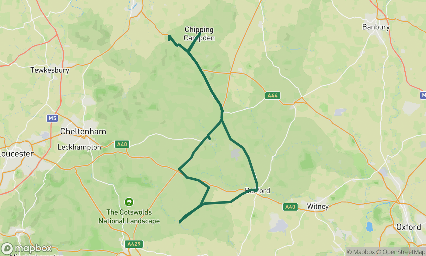 Map of the Cotswolds Classic route showing the full 67-mile drive route
