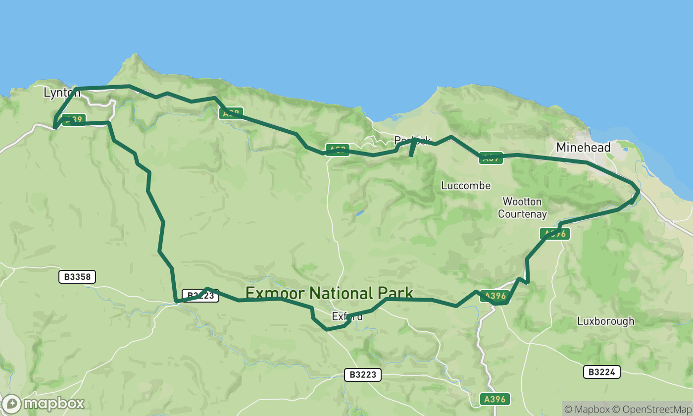 Map of the Exmoor: Coast & Moor loop route showing the full 49-mile drive route