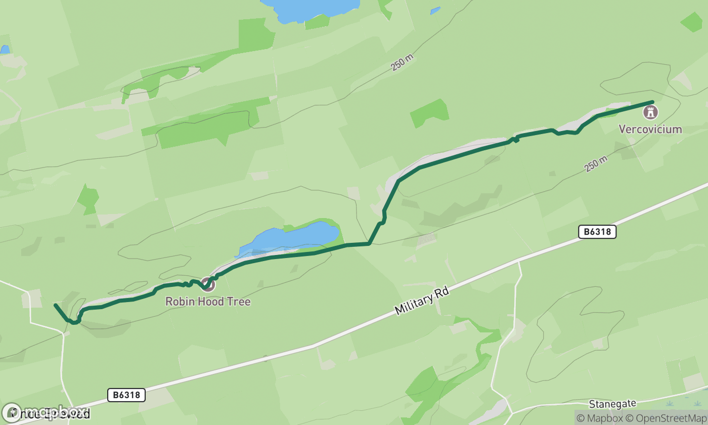 Map of the Hadrian's Wall: Steel Rigg to Housesteads route showing the full 3-mile walk route