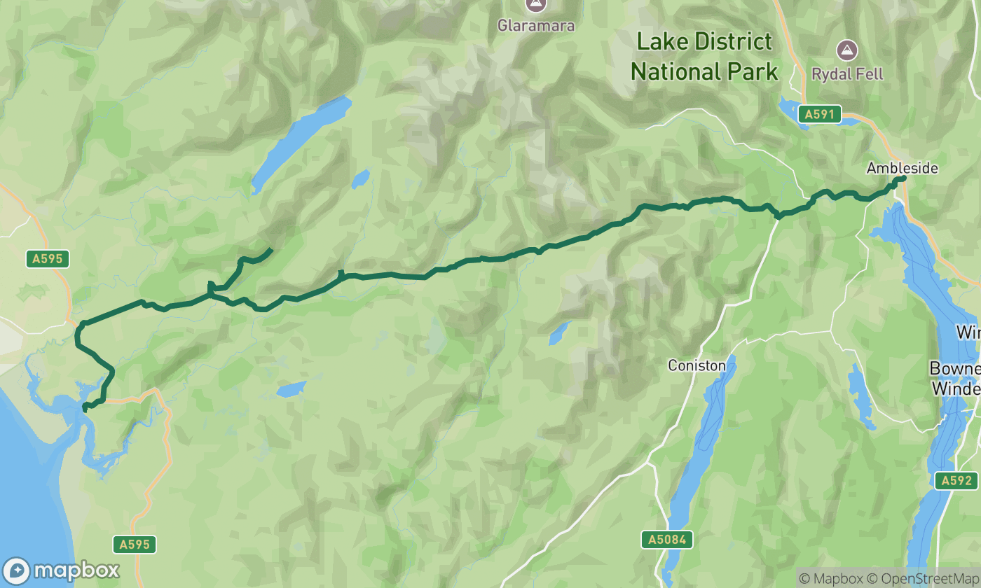Map of the Hardknott & Wrynose Passes route showing the full 29-mile drive route