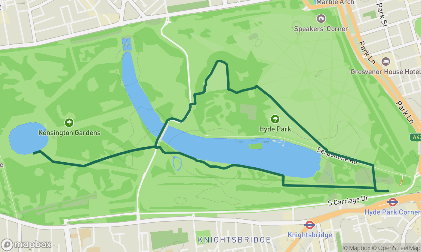 Map of the Hyde Park & Serpentine loop route showing the full 3-mile run route