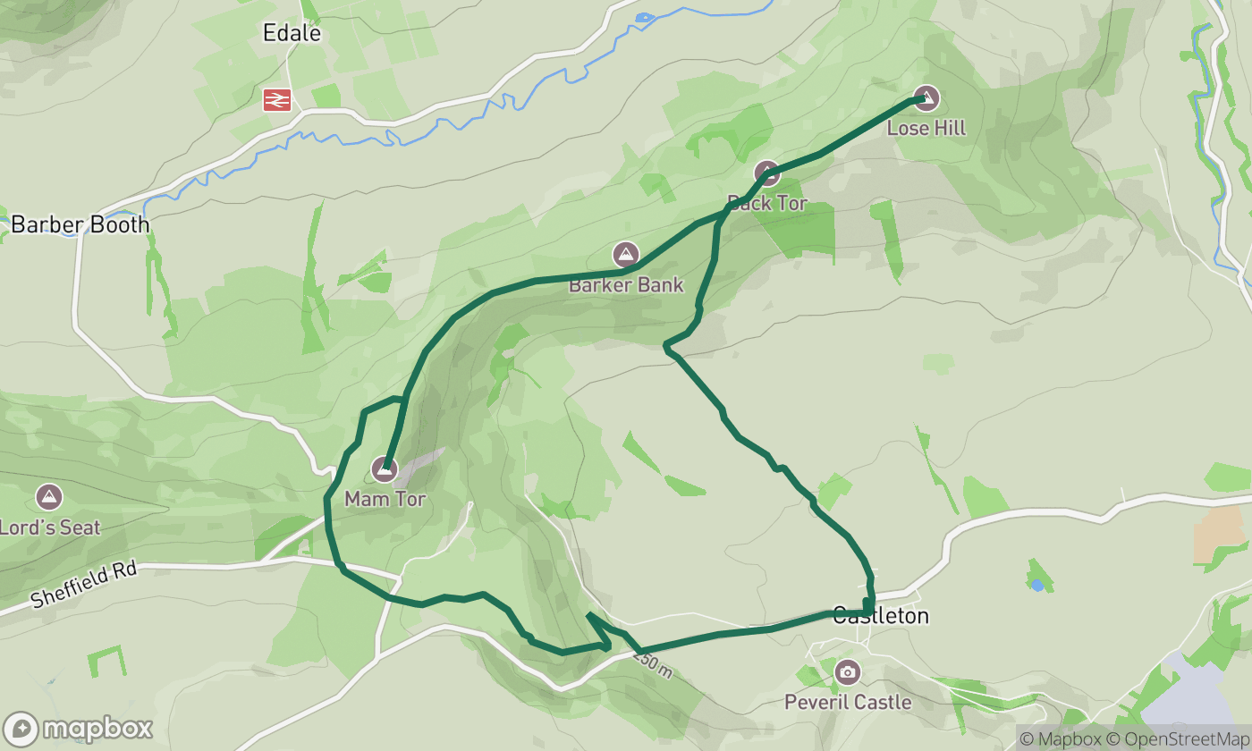 Map of the Mam Tor & the Great Ridge route showing the full 7-mile walk route