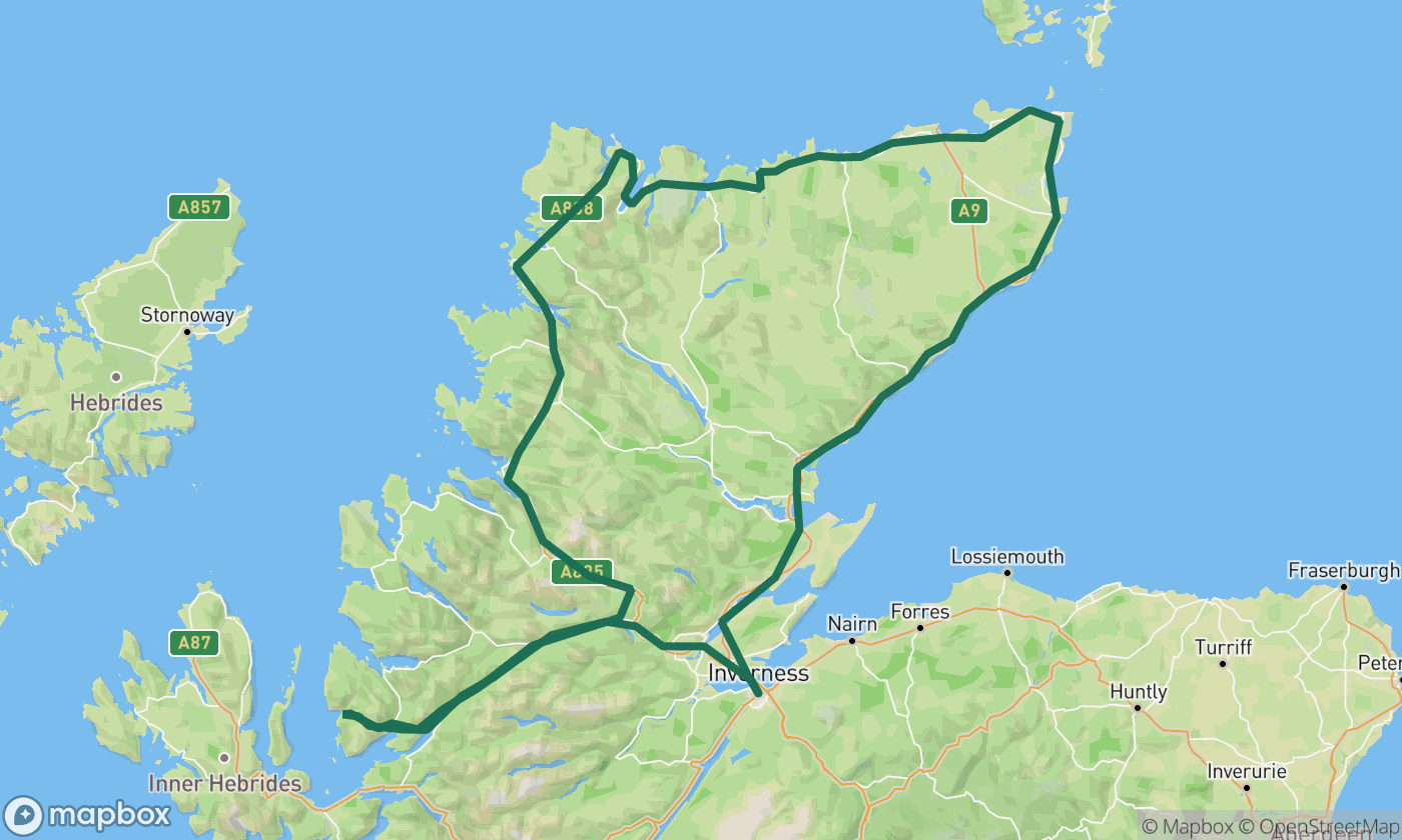 Map of the North Coast 500 route showing the full 445-mile drive route