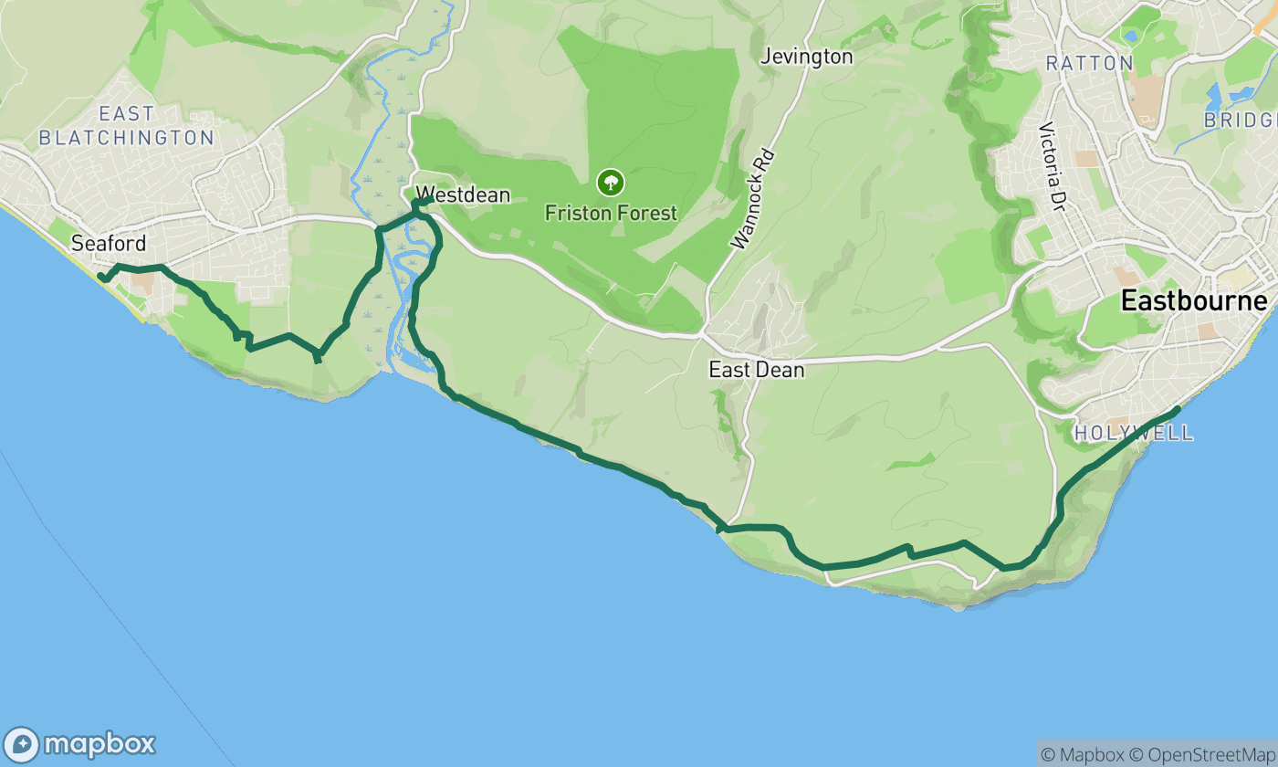 Map of the Seven Sisters clifftop walk route showing the full 12-mile walk route