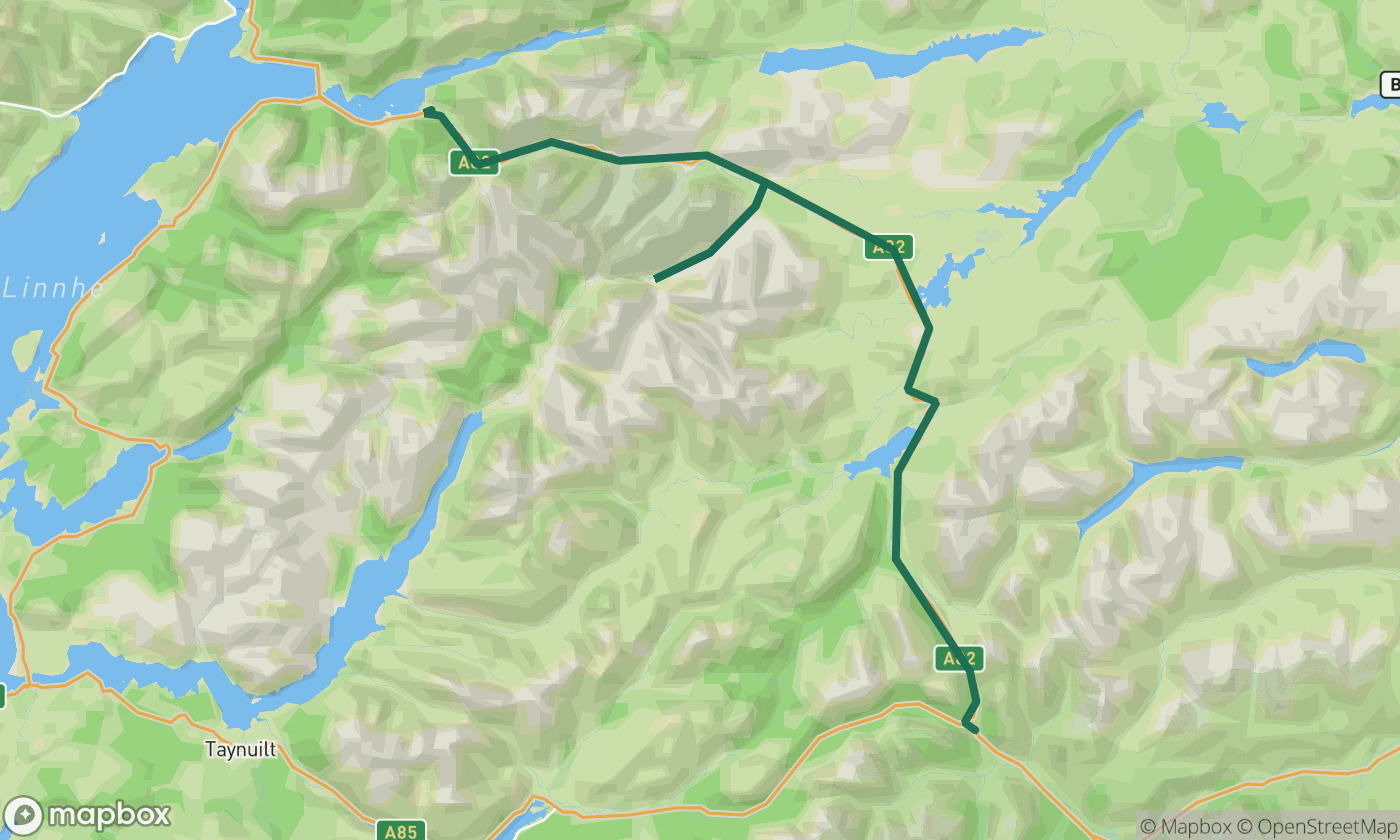 Map of the Skyfall: Glen Etive & Glencoe route showing the full 40-mile drive route