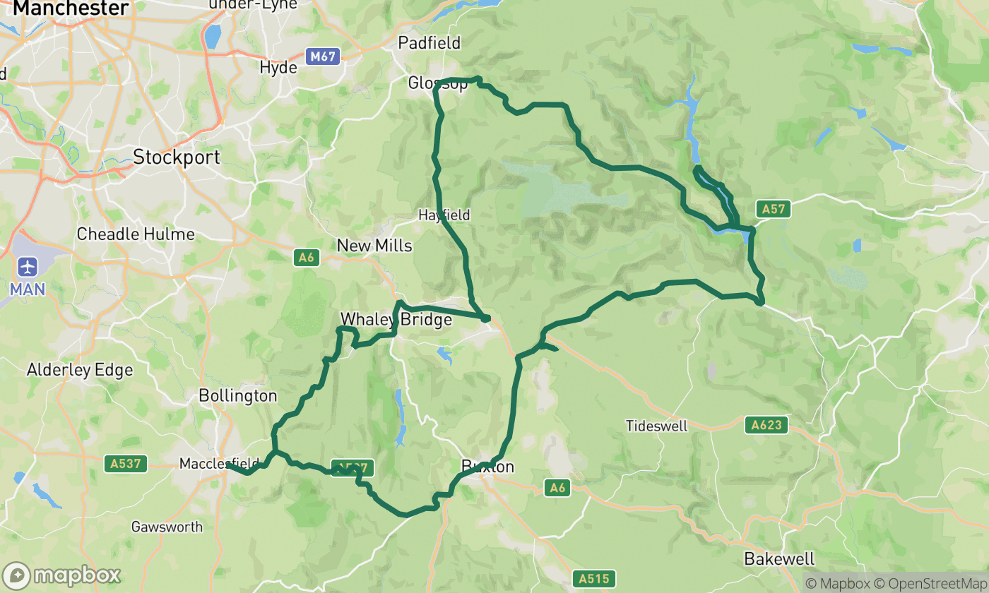 Map of the Peak District: Snake Pass & Cat and Fiddle route showing the full 74-mile drive route