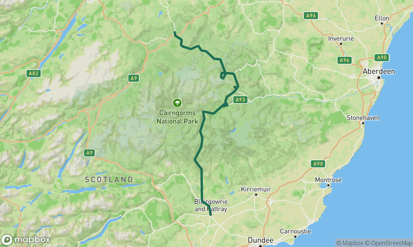 Map of the Snow Roads: Cairngorms route showing the full 92-mile drive route
