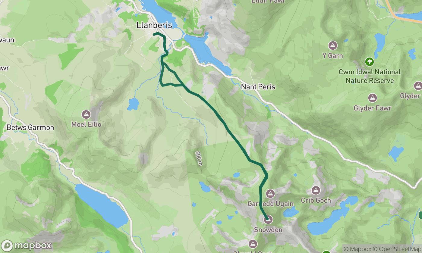 Map of the Snowdon: Llanberis Path route showing the full 10-mile walk route