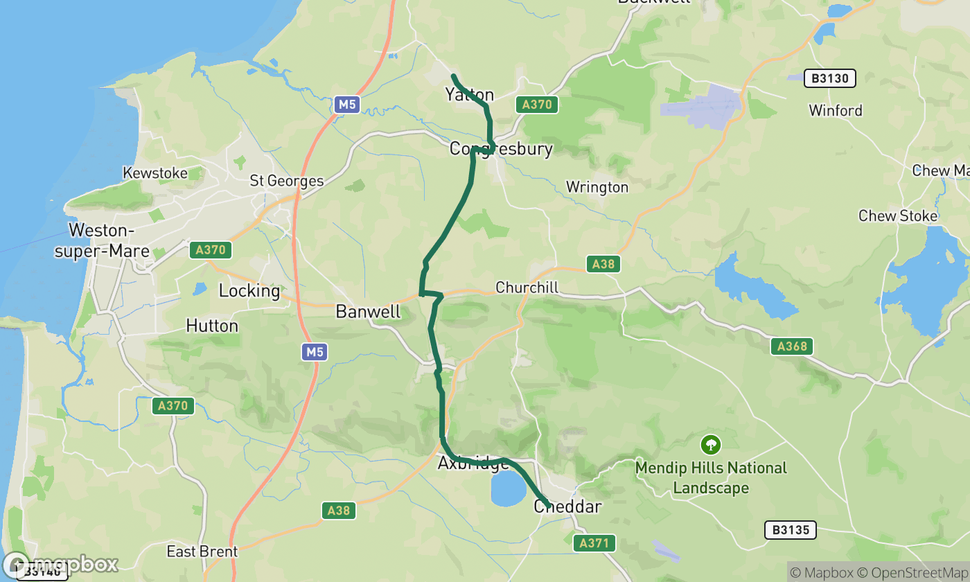 Map of the The Strawberry Line route showing the full 11-mile ride route