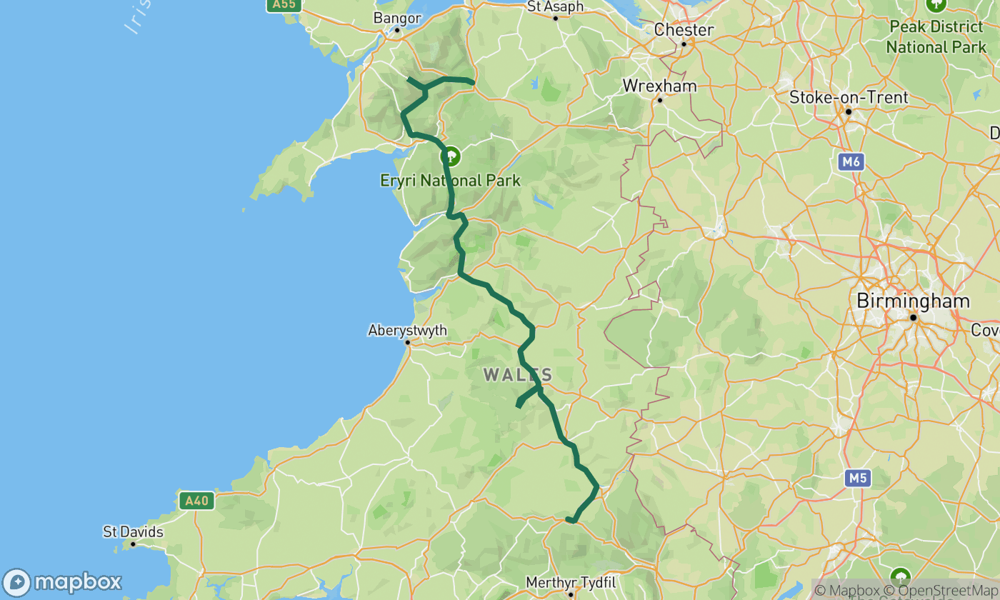 Map of the Wales: Parks & Passes route showing the full 152-mile drive route