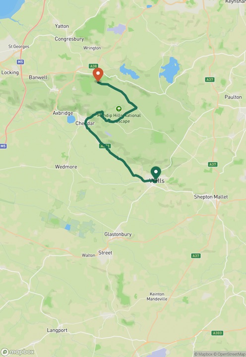 A planned scenic route from Wells through Cheddar Gorge on the Scenic Way map